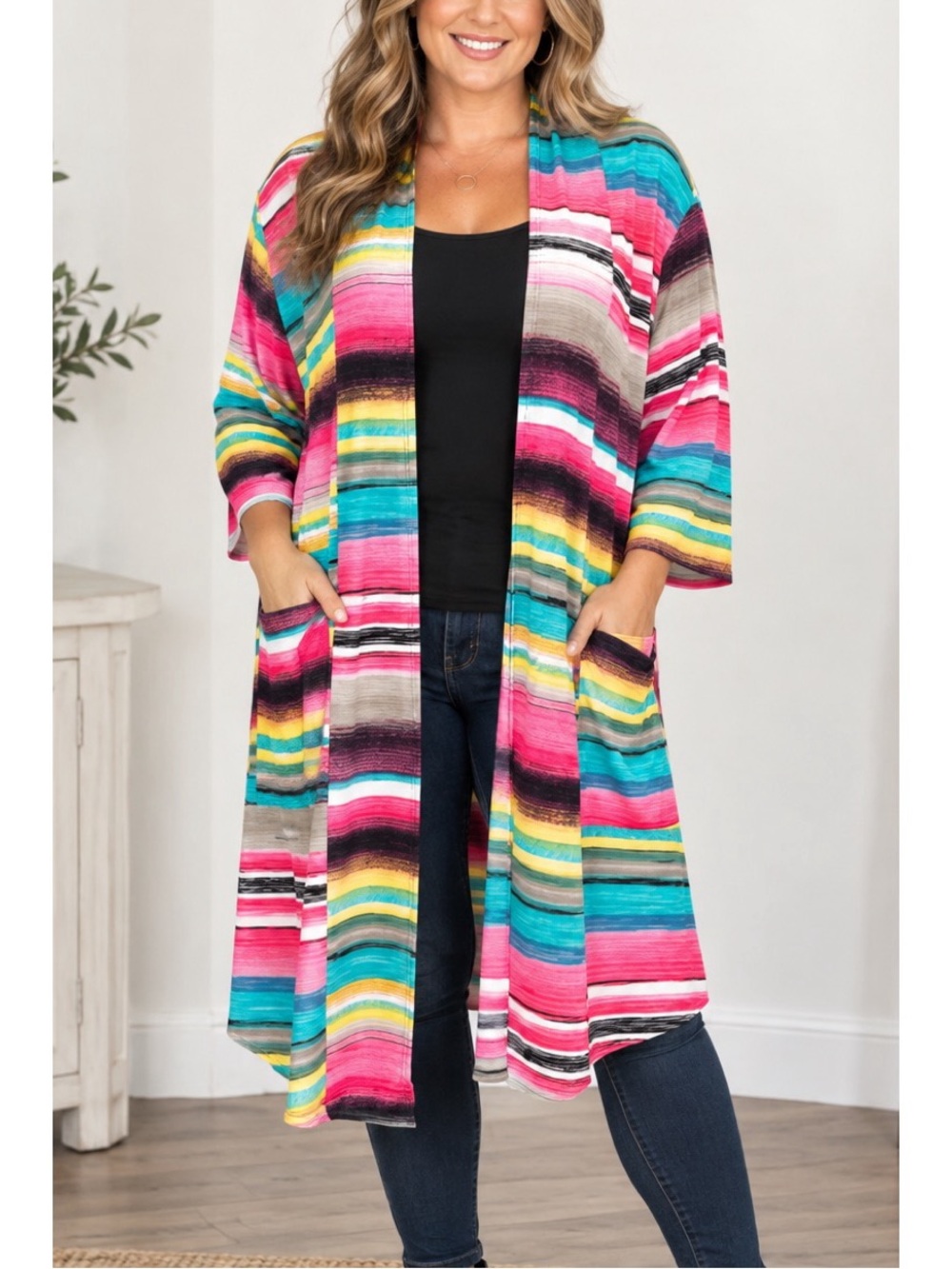Glitzy Girlz Multicolor Striped Kimono is an open-front duster cardigan